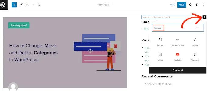 Tam site düzenleyiciyi (FSE) kullanarak bir Gömme bloğu ekleme Adding an Embed block using the full-site editor (FSE)