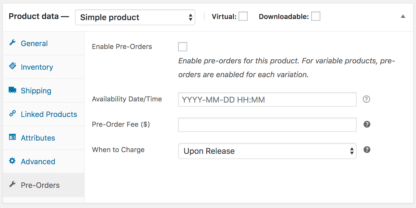 pré-encomendas configurações do produto