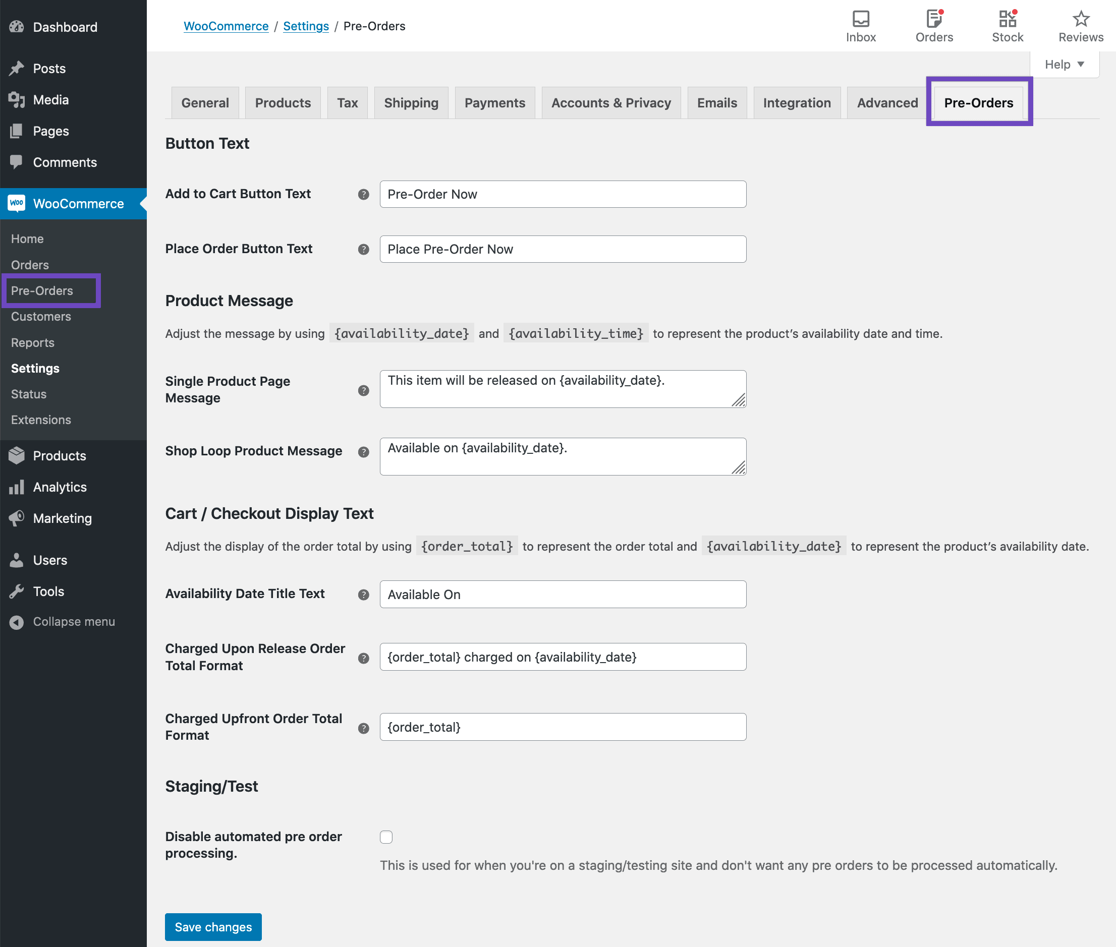 Impostazioni di preordine di WooCommerce