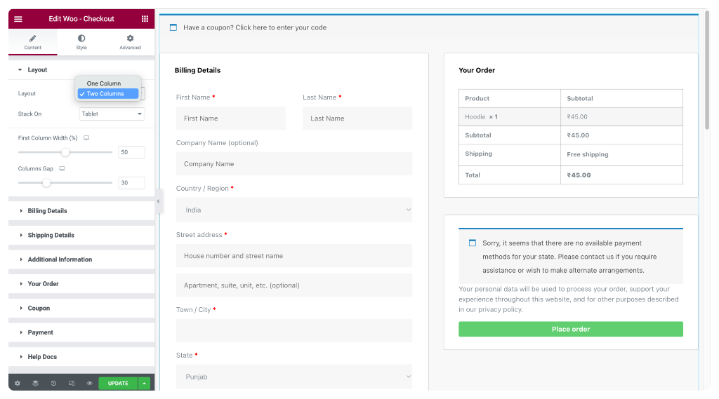 2열 레이아웃 스타일의 WooCommerce 결제 페이지