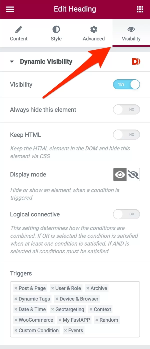 Elementor Visibility タブの動的コンテンツ。