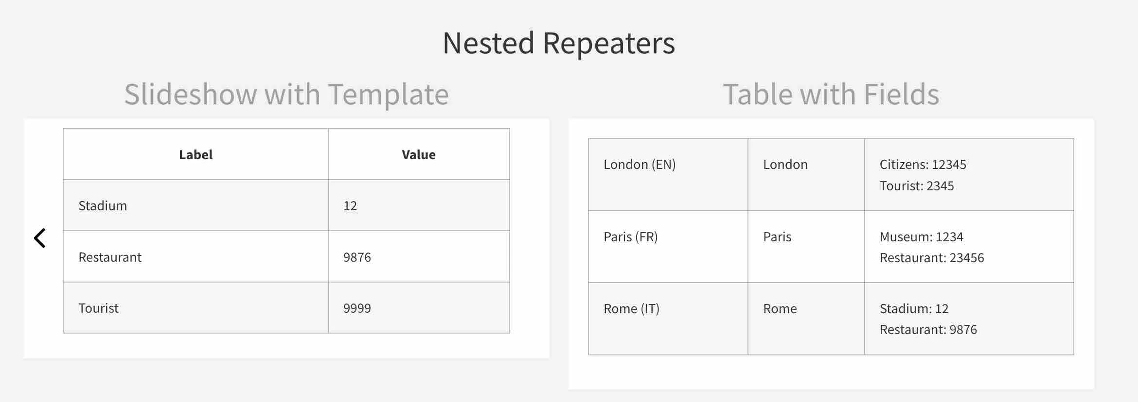 Dynamic.ooo で作成されたネストされた Repeater フィールド。
