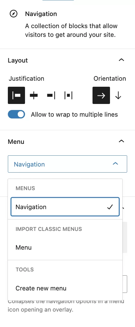 Ustawienia bloku nawigacji WordPress.
