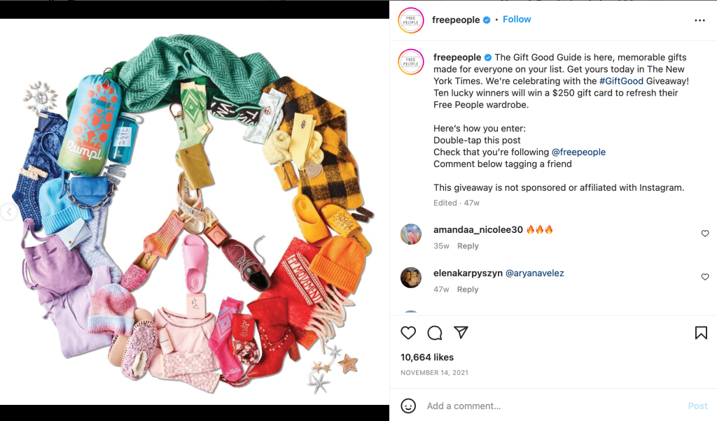 free-people-holiday - Gelişmiş Kuponlar The Free People Instagram page promoting a gift card giveaway with a peace symbol