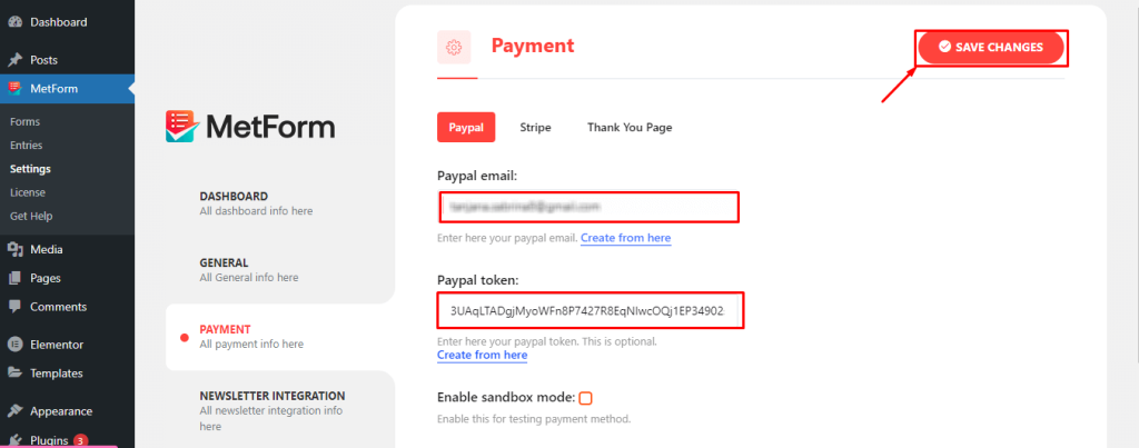Insérez l'e-mail et le jeton dans l'onglet d'intégration PayPal de MetForm