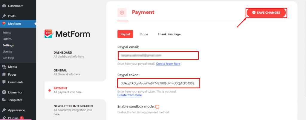 Inserte el correo electrónico y el token en la pestaña de integración de PayPal de MetForm