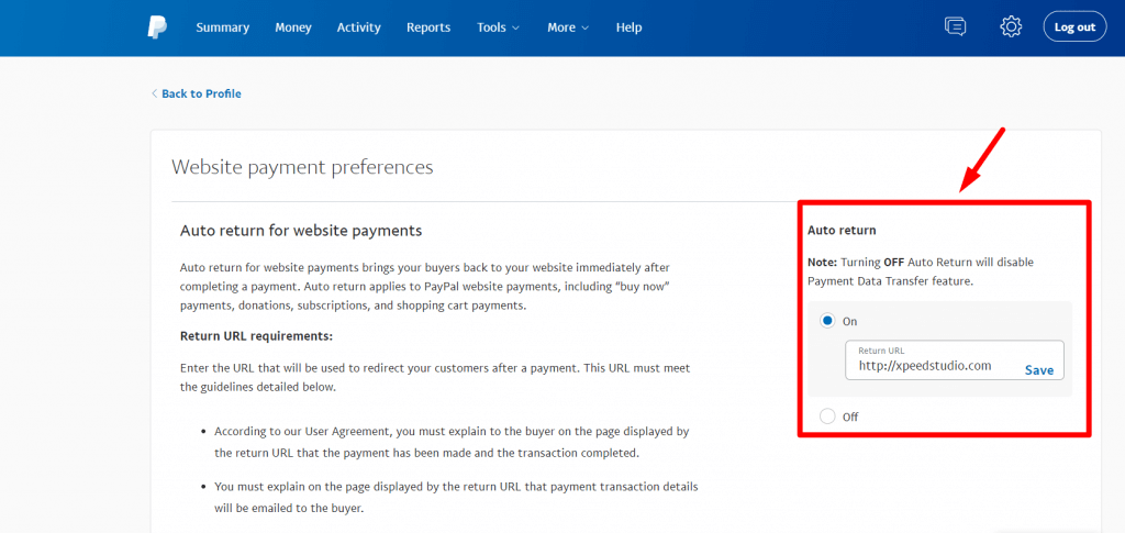 Entrez le lien de la page de remerciement dans PayPal