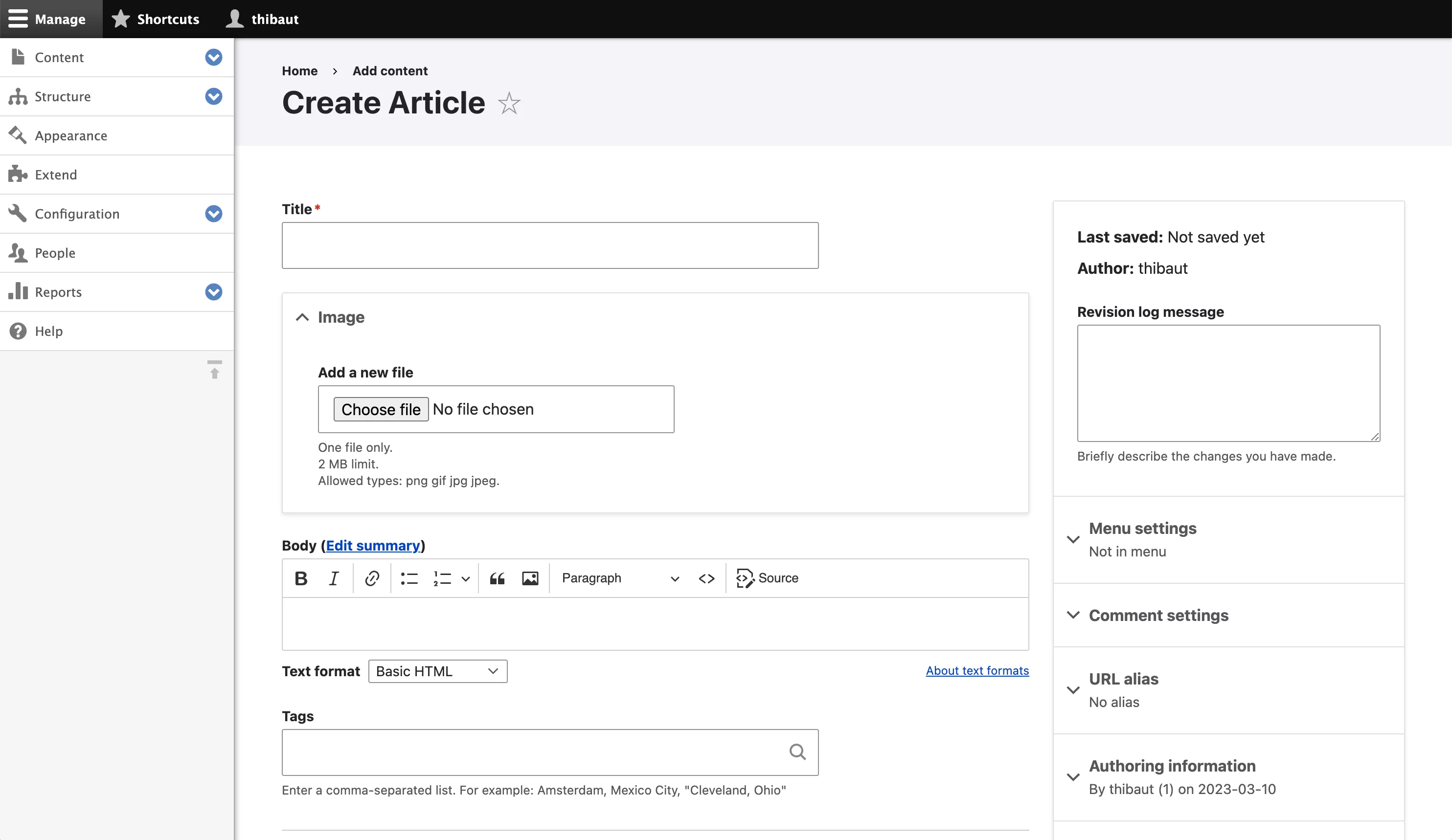 Erstellen eines Blogbeitrags in Drupal.