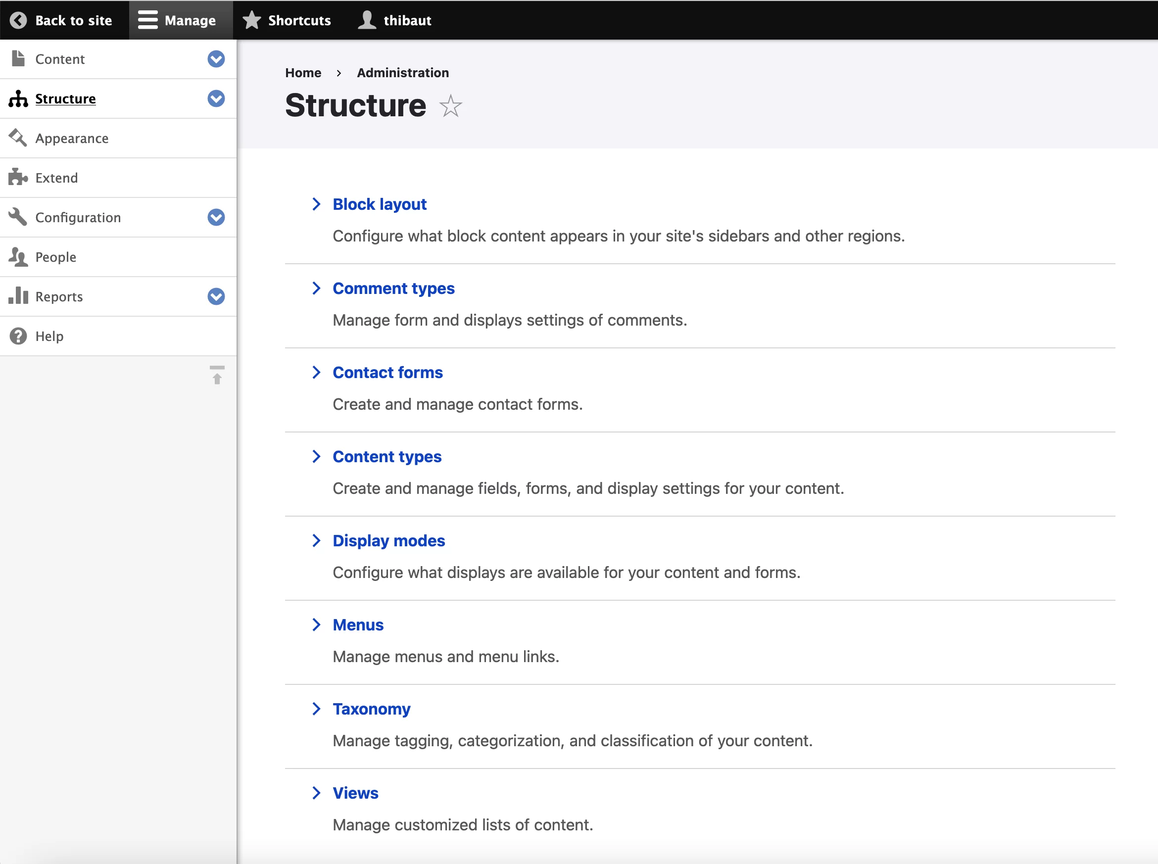 Interfaccia della dashboard di Drupal.