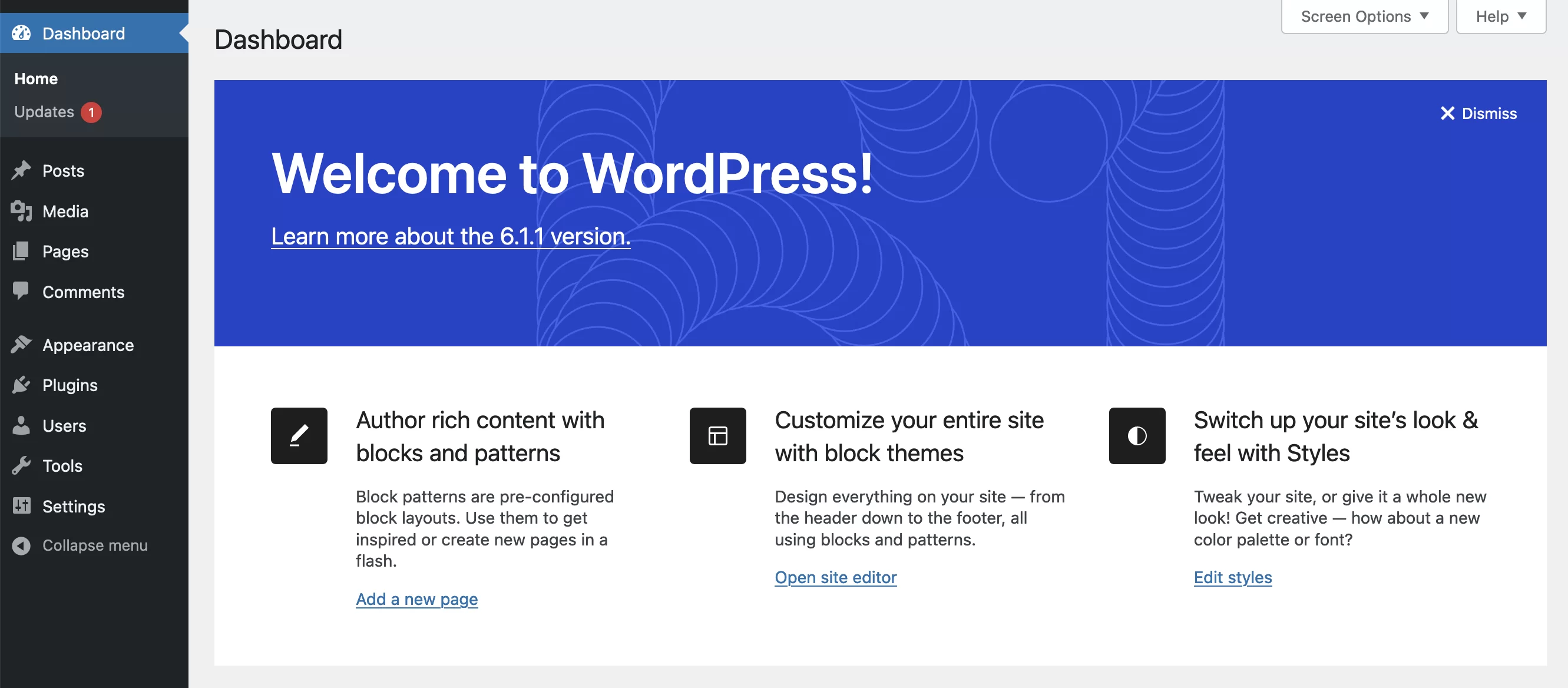 WordPress 儀表板。