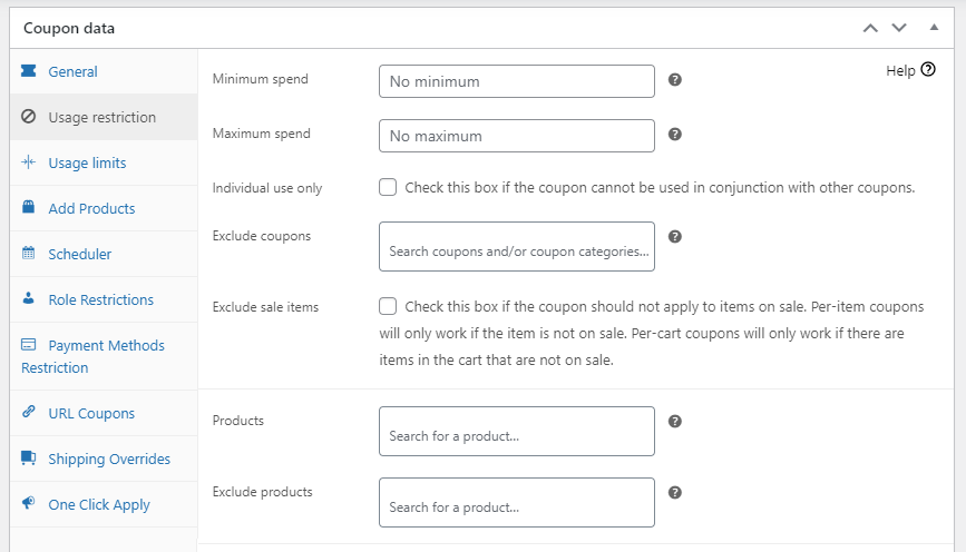 kullanım kısıtlamaları - Gelişmiş Kuponlar Setting usage restrictions in Advanced Coupons.