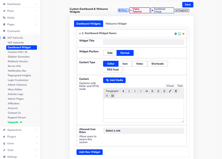 Setările widgetului WP Adminify Dashboard