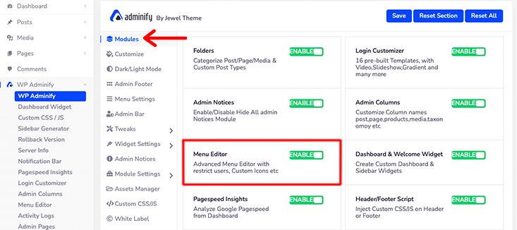 WP Adminify เปิดใช้งานโมดูลตัวแก้ไขเมนู