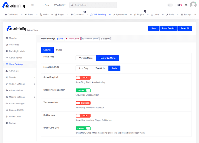 Menu orizzontale di amministrazione di WP