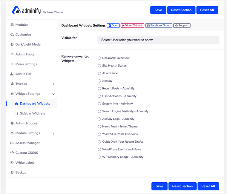 WP Adminify Dashboard Widget-Einstellungen