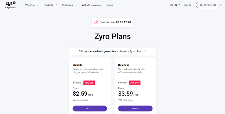 Piani tariffari Zyro - WordPress vs Zyro