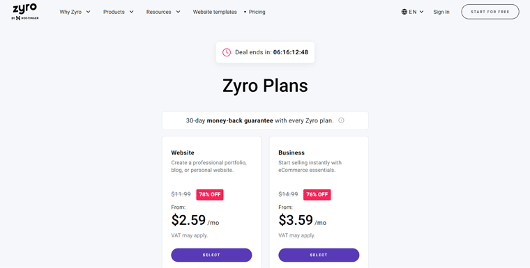 แผนการกำหนดราคา Zyro - WordPress กับ Zyro