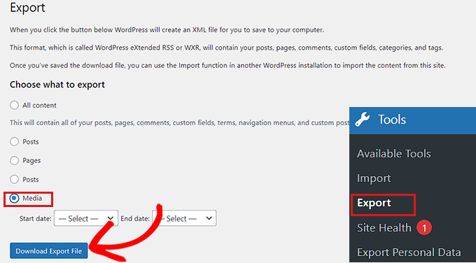 Les 3 meilleures façons de télécharger votre bibliothèque multimédia WordPress 7 export WordPress media library.