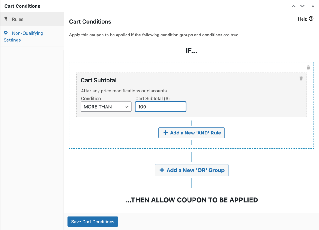 购物车小计条件设置 - 高级优惠券 Cart subtotal conditions settings for a cashback in WooCommerce coupon