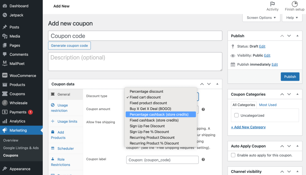 Choosing the type of coupon for cashback in WooCommerce