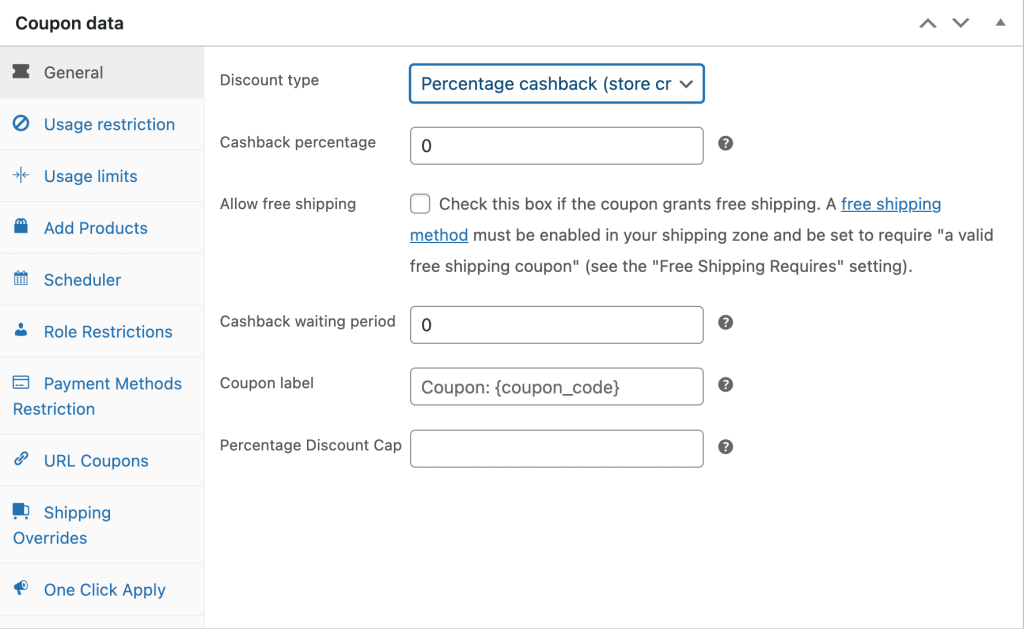 cashback-woocommerce-settings - 高级优惠券 Settings for a percentage cashback coupon in Advanced Coupons Premium