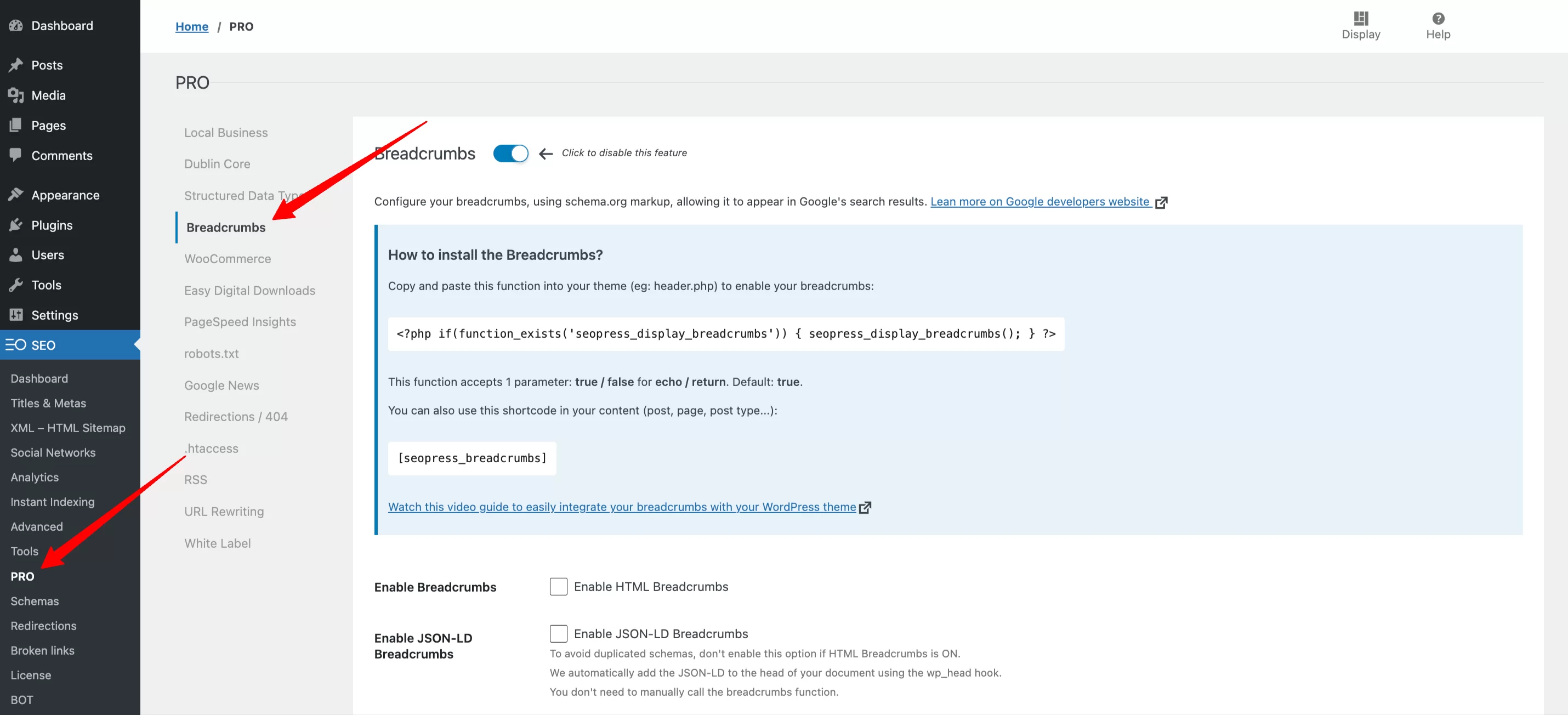 Hinzufügen von Breadcrumbs mit dem SEOPress-Plugin.