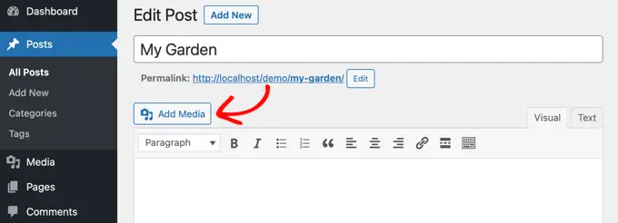 Klicken Sie im klassischen Editor auf „Medien hinzufügen“, um Ihrem Beitrag ein Bild hinzuzufügen Click 'Add Media' in the classic editor to add an image to your post