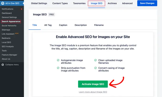Aktivieren des Bild-SEO-Moduls in AIOSEO Activating the Image SEO Module in AIOSEO