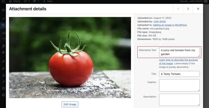 Anzeigen oder Bearbeiten des Alt-Textes für Ihr Bild in der WordPress-Medienbibliothek Viewing or editing the alt text for your image in the WordPress media library