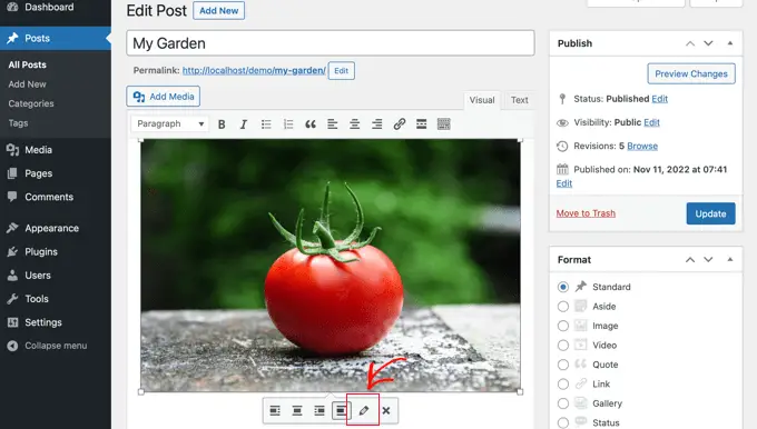 Bearbeiten eines Bildes im klassischen WordPress-Editor Editing an image in the WordPress classic editor