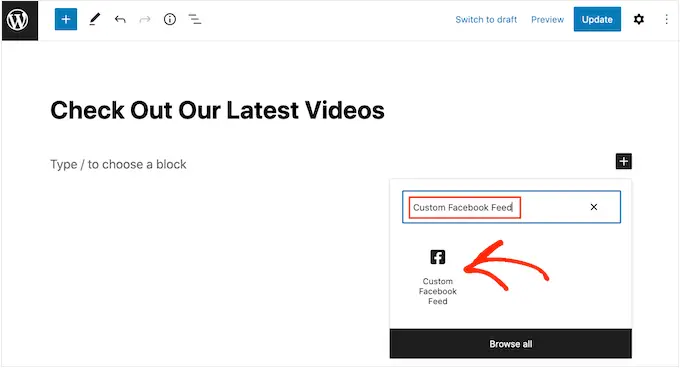 Der benutzerdefinierte Facebook-Feed WordPress-Block The Custom Facebook Feed WordPress block
