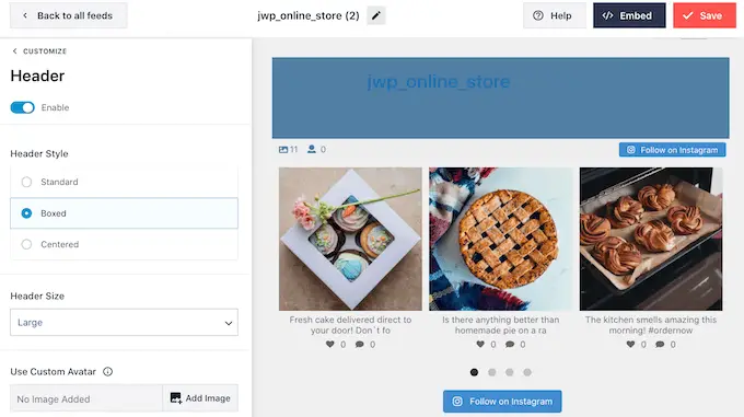 Personalizando o cabeçalho para um feed do Instagram incorporado Customizing the header for an embedded Instagram feed