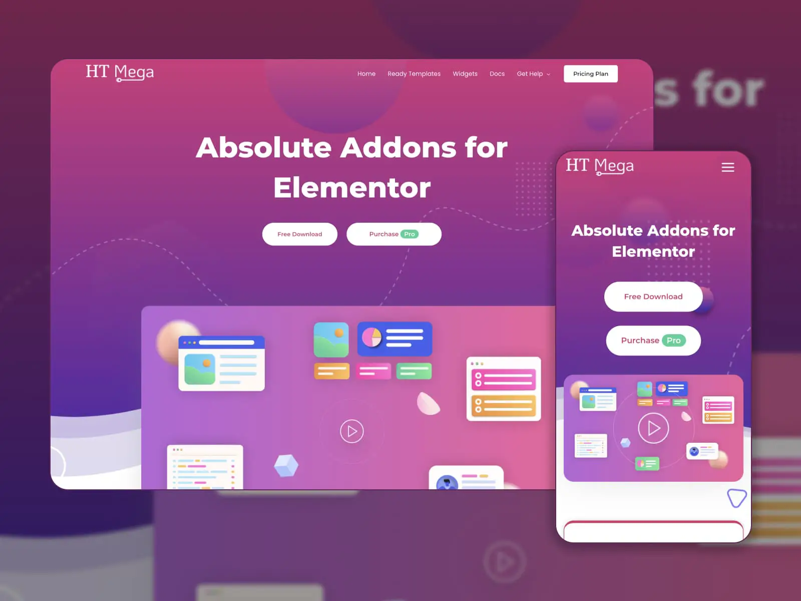 A página de destino dos complementos HT Mega com exemplos de widgets.