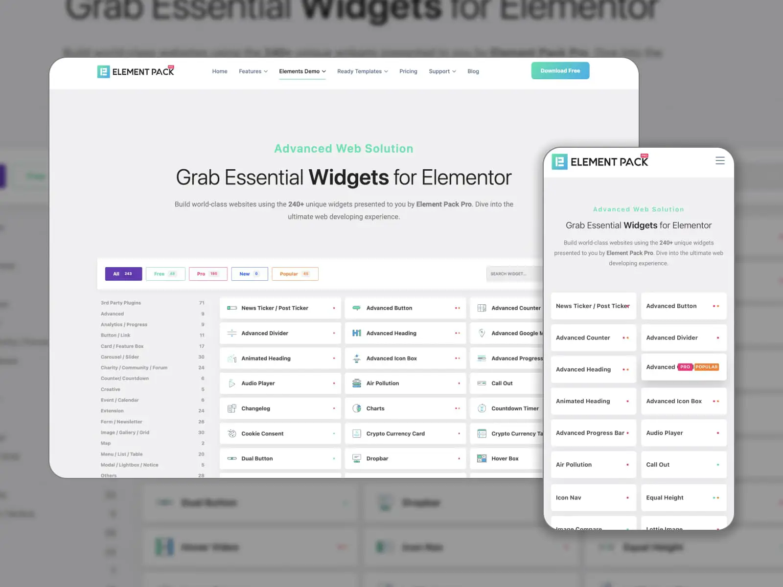 A página inicial do Element pack Lite.