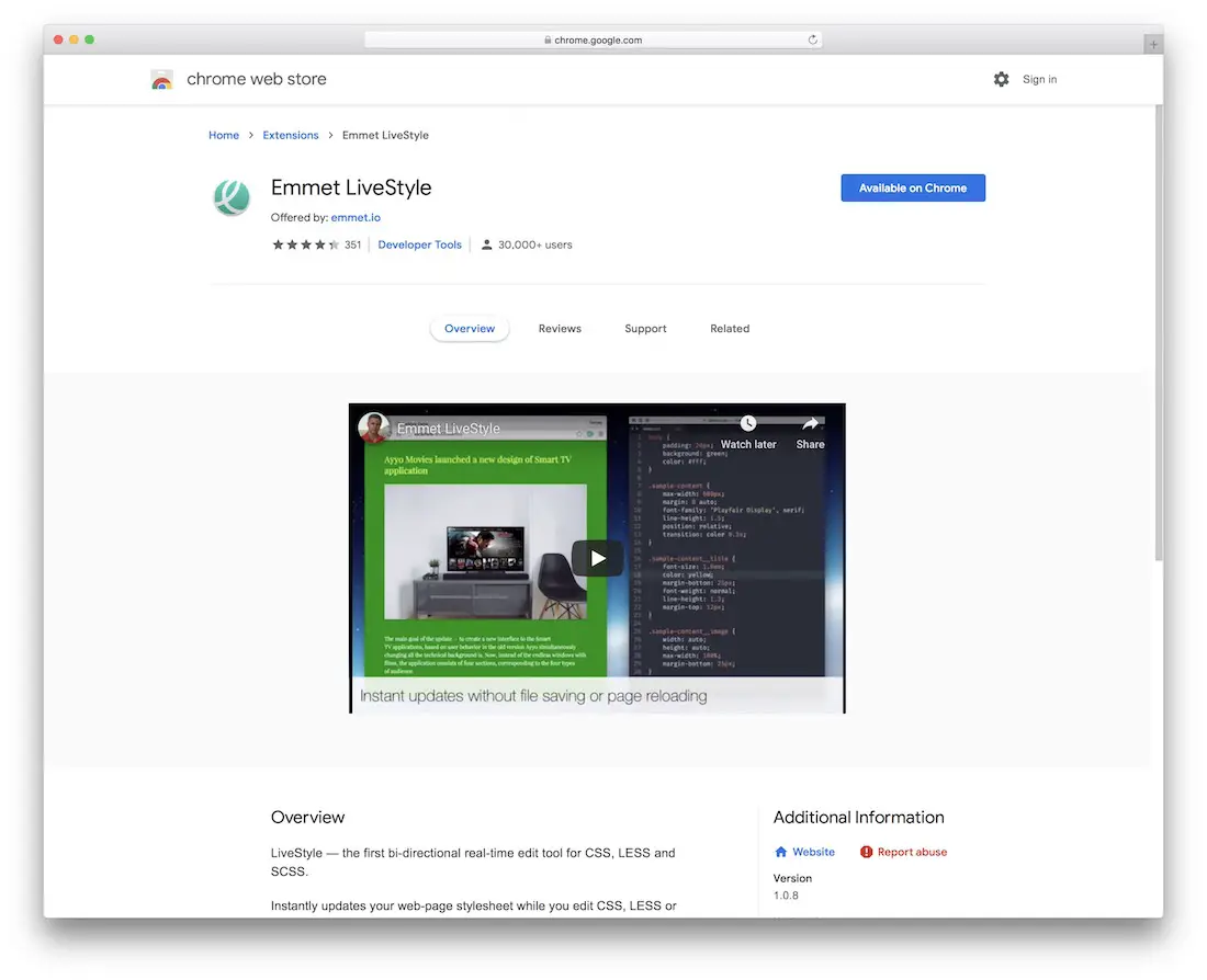 ส่วนขยายของ Chrome emmet livestyle