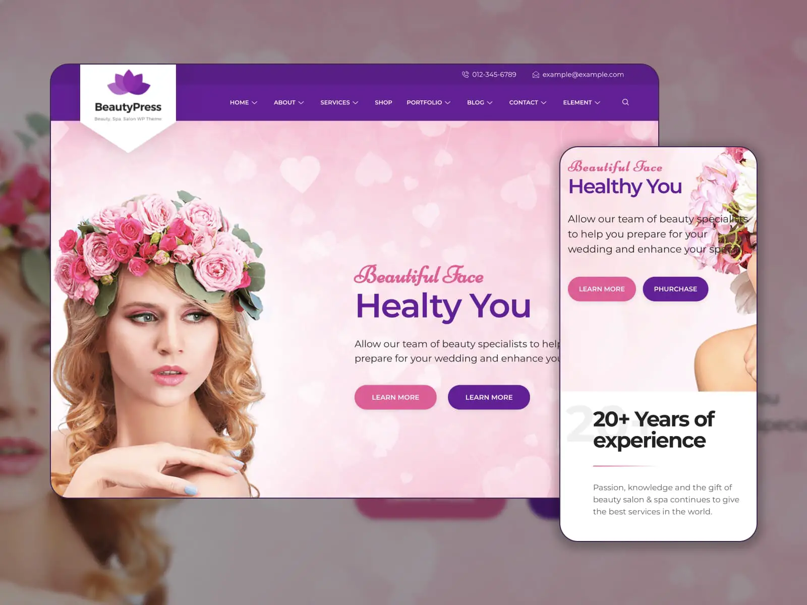 ピンクの花の花輪を持つ少女を描いた、BeautyPress WordPress 美容テーマのコラージュ。