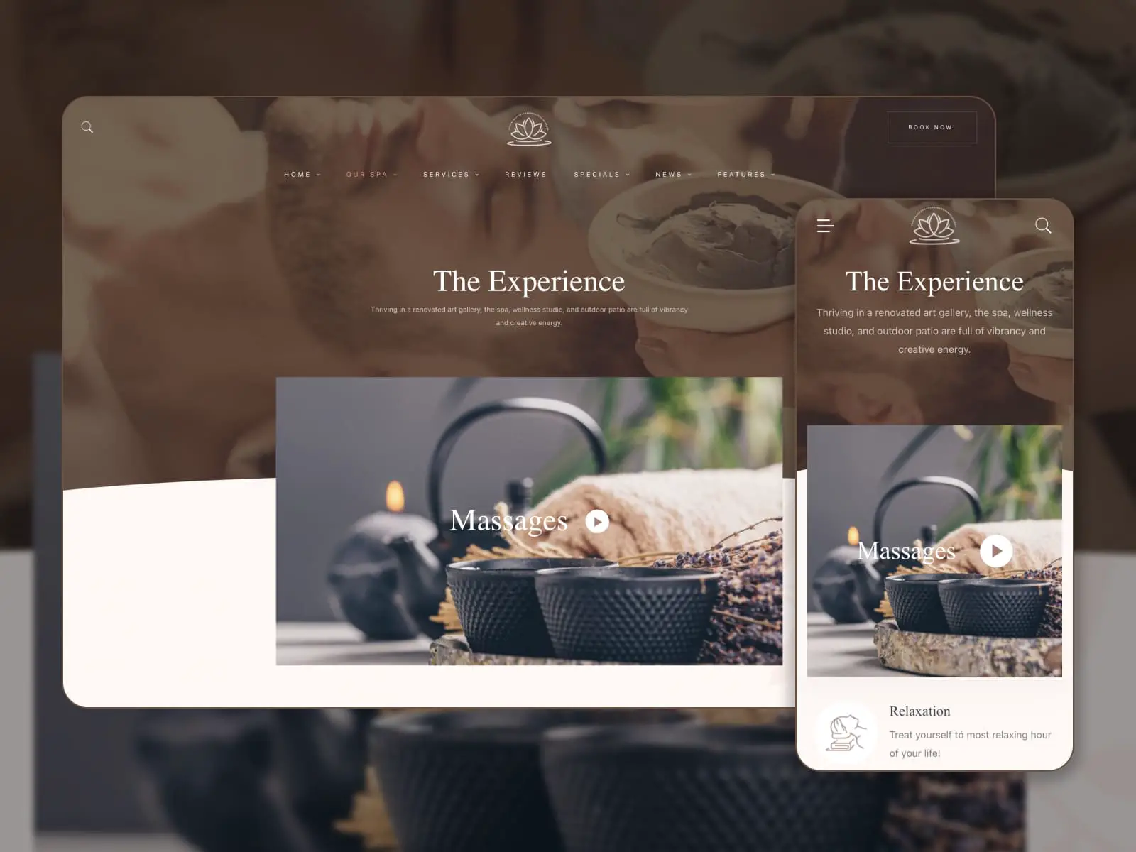 Rela spa テーマのデモ ページのコラージュで、マッサージに関する体験とビデオが含まれています。