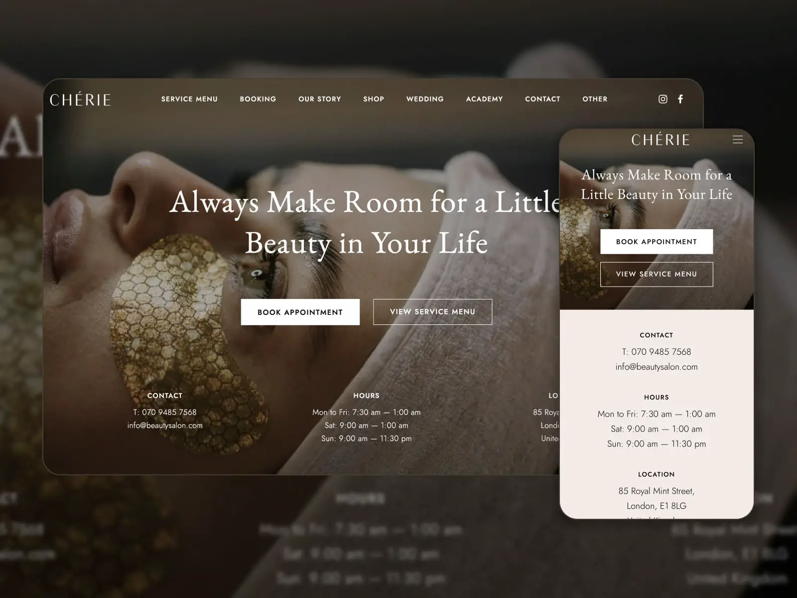 Cherie WordPress の美しさとスパのテーマのデモ ページのコラージュ。茶色と白の色で表示されます。