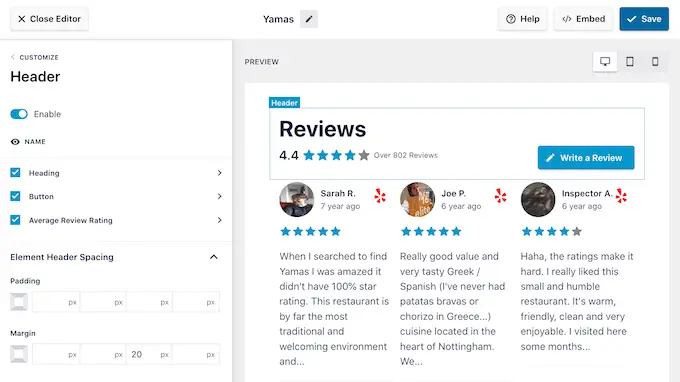 Dostosowywanie nagłówka kanału recenzji Customizing the review feed header