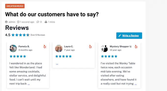 Przykład kanału recenzji Yelp An example of a Yelp review feed