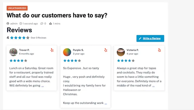 Recenzje klientów wyświetlane na stronie WordPress Customer reviews, displayed on a WordPress website