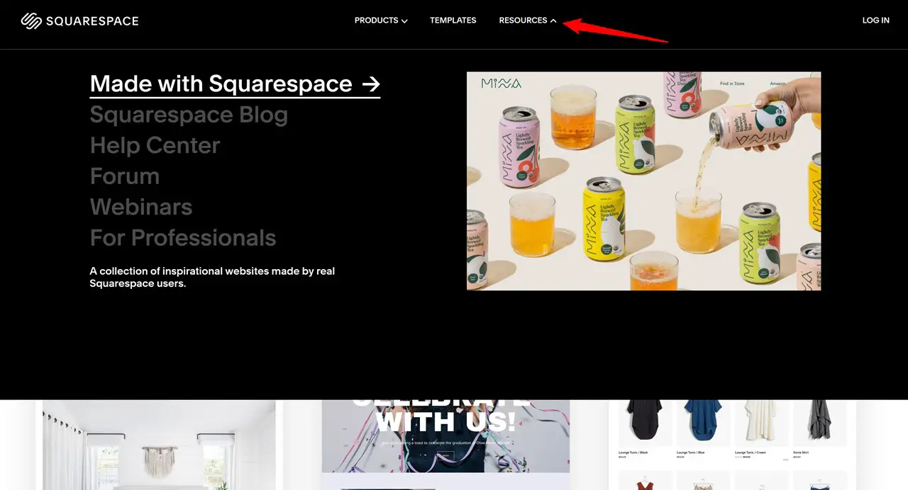 Mega meniul din Squarespace.