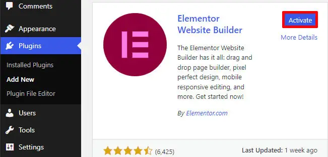 Elementor'u etkinleştir