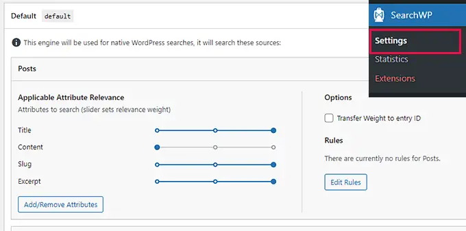 Pengaturan SearchWP SearchWP settings
