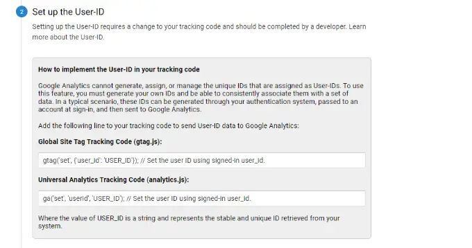 impostazione del tracciamento dell'ID utente Copy the user id code