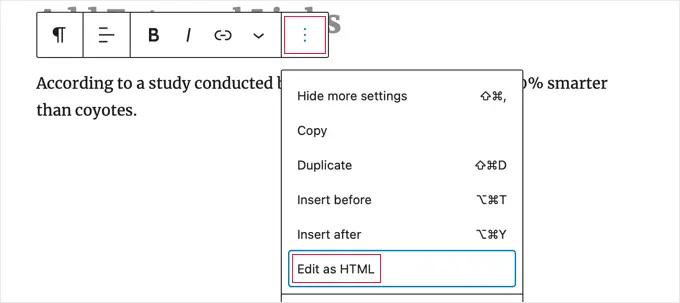 addlinkblockeditashtml Switching to the HTML View of a Block in the WordPress Block Editor