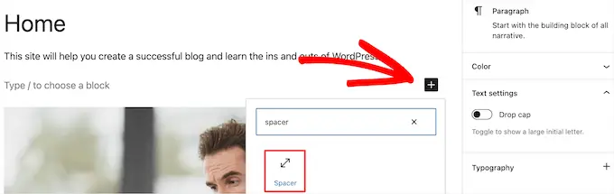 ページにスペーサー ブロックを追加する Add spacer block to page