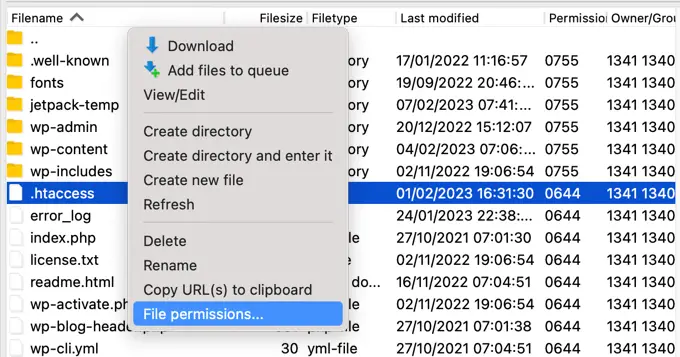Sélection des autorisations de fichier dans le menu de votre client FTP Selecting File Permissions From the Menu in Your FTP Client