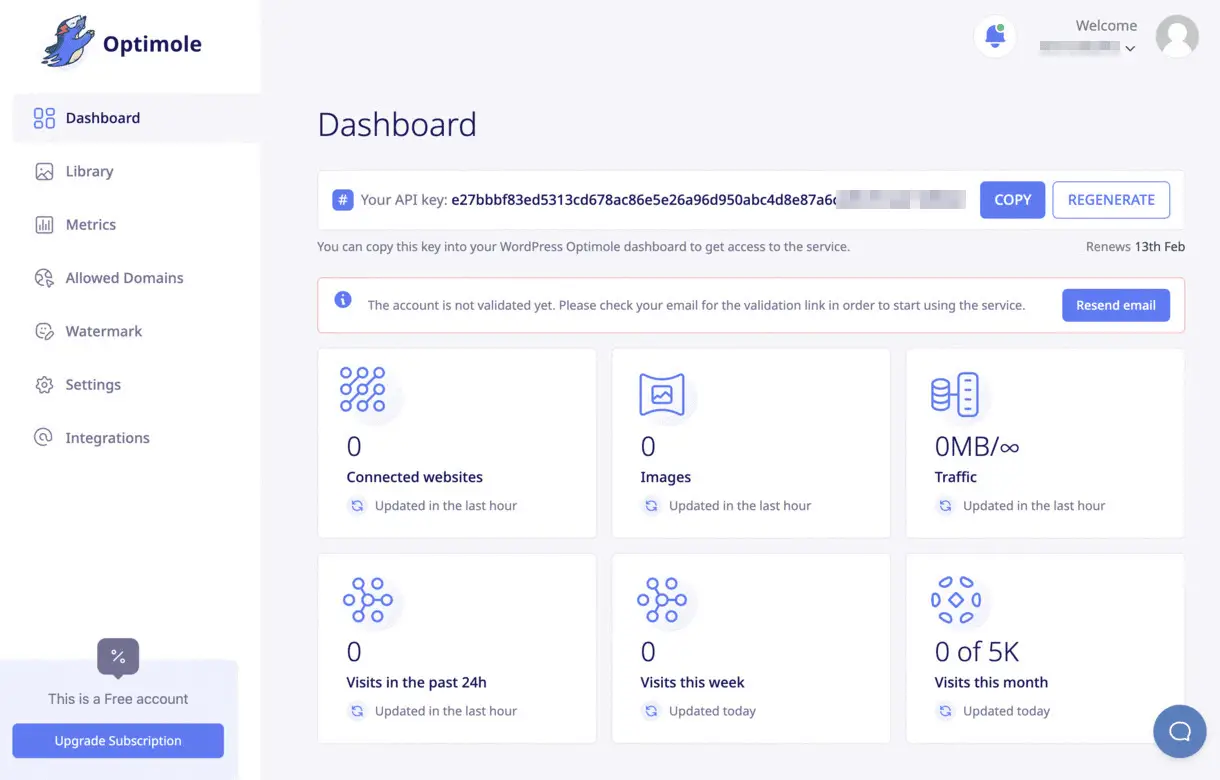 Le tableau de bord utilisateur Optimole