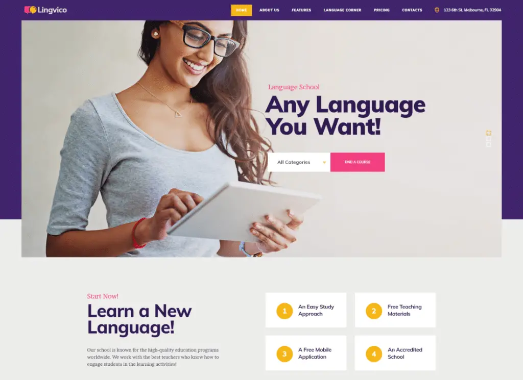 Lingvico - ศูนย์ภาษาและหลักสูตรฝึกอบรมธีม WordPress